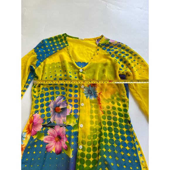 READ Kim Lai Silk Floral Sheer Button Down Long Sleeve Blouse Womens XS Small - Picture 5 of 16